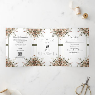 Elegante Olivgrün- und Weiße Blumen-Ecken-Hochzeit Dreifach Gefaltete Einladung