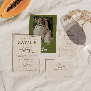 Elegante olivgrüne Hochzeit im Retro-Luxus-Stil Einladung