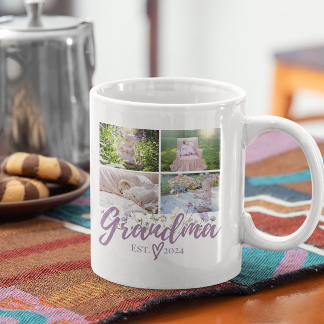 Elegante Oma Personalisiertes Foto Tasse (Mug with "Grandma 2024" and baby photos, cookies, and coffee pot.)