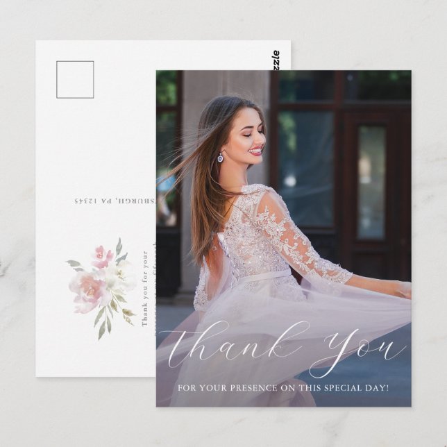 Elegante One Foto Quinceanera Pink Floral Script Postkarte (Vorne/Hinten)