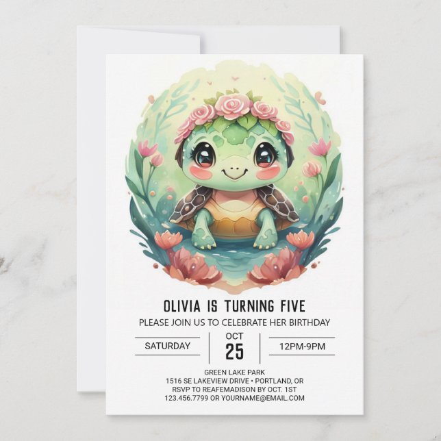 Elegante Online Turtle Girl Geburtstag Einladung (Vorderseite)