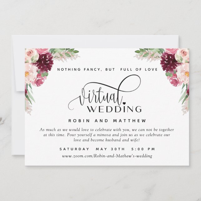Elegante Online Virtual Burgundy Blush Pink Weddin Einladung (Vorderseite)