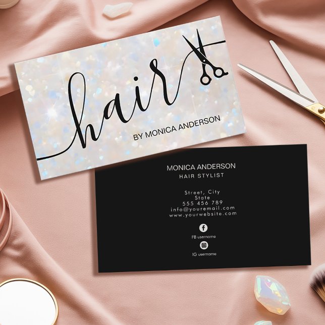 Elegante Opal Glitter Haar Styling Schere Visitenkarte (Elegant Opal Glitter Hair Script Stylist Scissors Business Card)