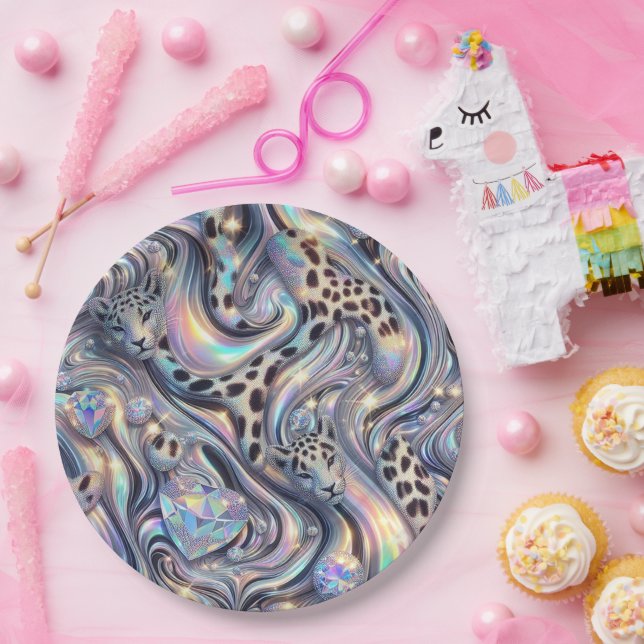 Elegante Opal-Leopardenprint-Papierplatten Pappteller (Party)