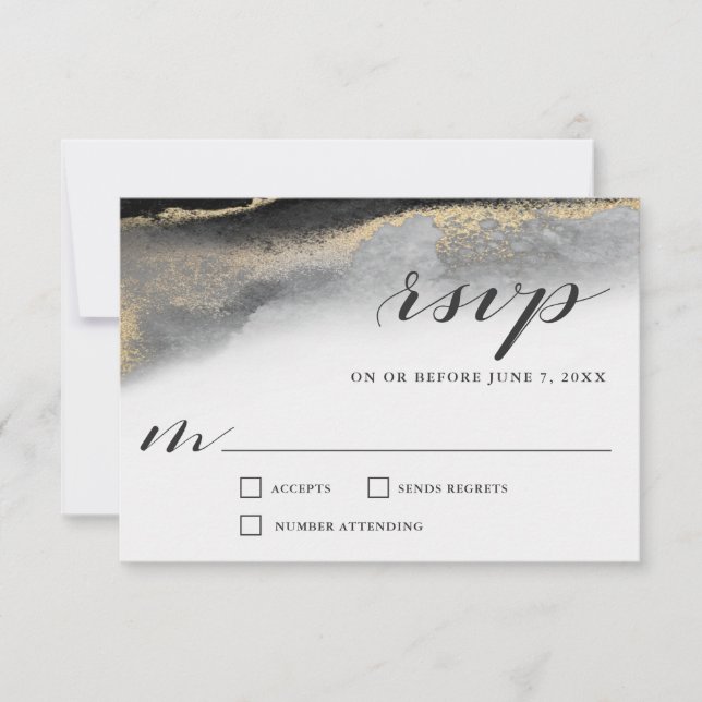 Elegante Opulence Black and Gold Marmor Hochzeit RSVP Karte (Vorderseite)