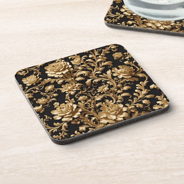 Elegante Opulenz: Schwarz und Gold Barockblumen Getränkeuntersetzer (Linke Seite)