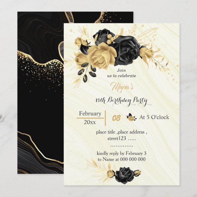 Elégante or & fleurs noires invitation anniversair (Devant / Derrière)