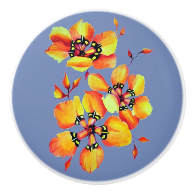 Elegante Orange Blume - Blue Gray Keramikknauf (Vorderseite)