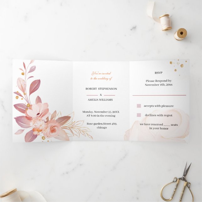 Elegante Orange Blume Custom Wedding Dreifach Gefaltete Einladung (Innenseite)