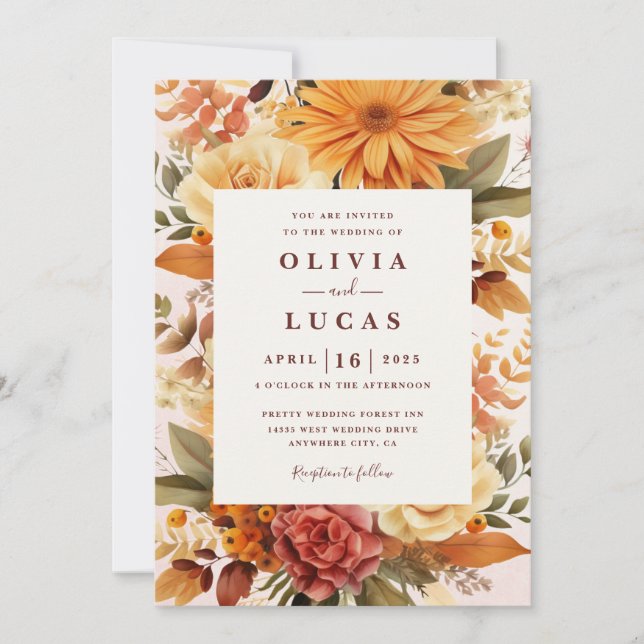 Elegante Orange Blume Frame Wedding Einladung (Vorderseite)