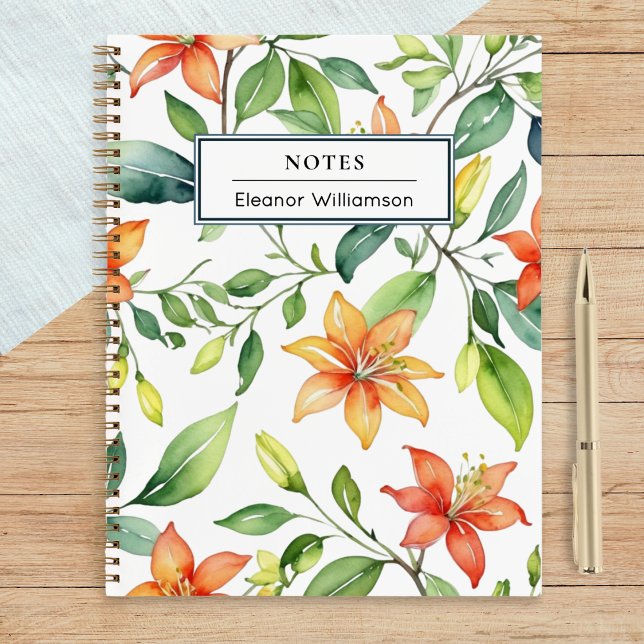 Elegante Orange Blume Garden Lover's Personalisier Notizbuch (A pretty, personalized notebook, with floral honeysuckle design in a watercolor style)