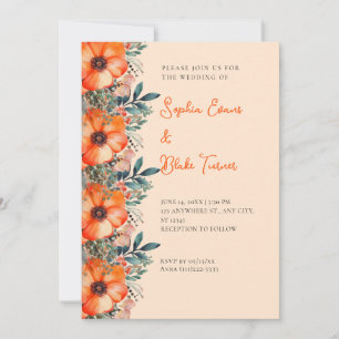 Elegante Orange Blumen und Grüne Creme Hochzeit Einladung