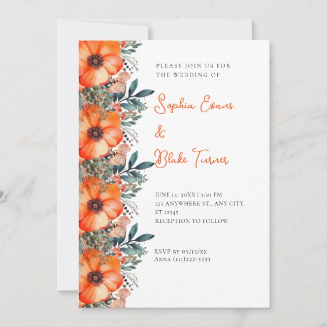 Elegante Orange Blumen und Grünpflanzen Weiße Hoch Einladung (Vorderseite)