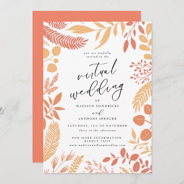 Elegante Orange Botanical Virtual Wedding Einladung (Vorne/Hinten)