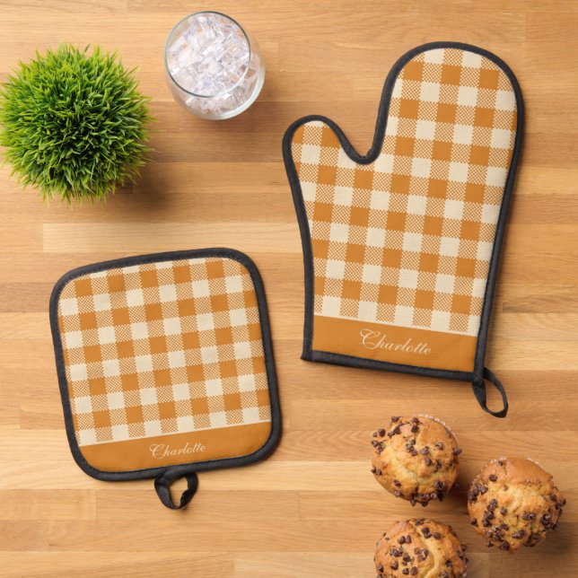 Elegante Orange & Cream Lumberjack Tartan Custom Ofenhandschuh & Topflappen-Set (Oben Unten)
