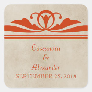 Elegante Orange Deco-Hochzeitsetiketten Quadratischer Aufkleber