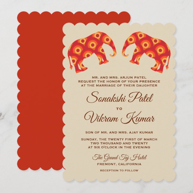 Elegante orange Elefant-indische Einladung (Vorne/Hinten)