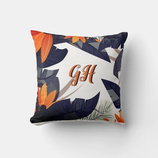 Elegante Orange Gray Foliage Blätter Kissen (Vorderseite)