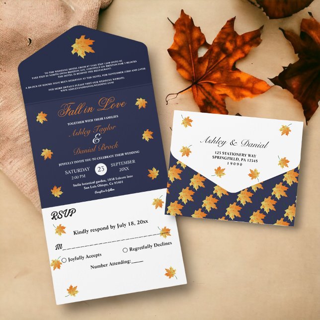 Elegante Orange Herbstlaubs Blue Floral Wedding All In One Einladung (Von Creator hochgeladen)