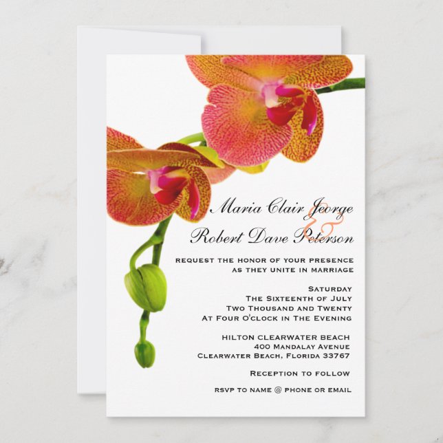 Elegante Orange Orchids Tropical Beach Hochzeit Einladung (Vorderseite)
