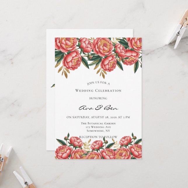 Elegante Orange Peony Painted Wedding Celebration Einladung (Vorderseite/Rückseite Beispiel)