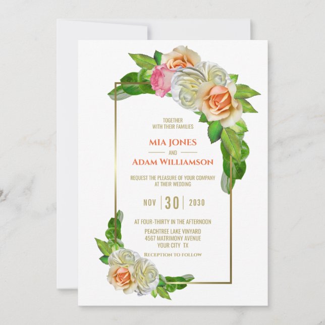 Elegante Orange Pink Rose Floral Wedding Einladung (Vorderseite)