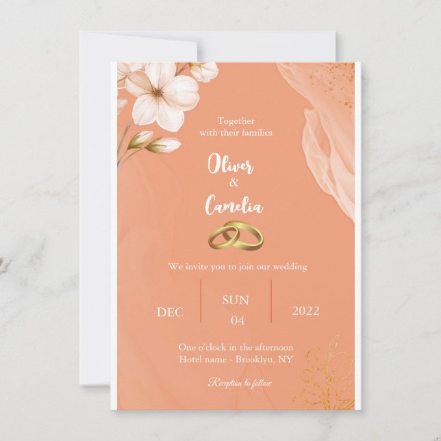 Elegante Orange- und Goldhochzeit Einladung (Vorderseite)