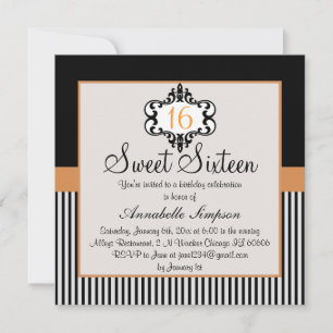 Elegante Orange- und Schwarze Chic Sweet 16 Einlad Einladung