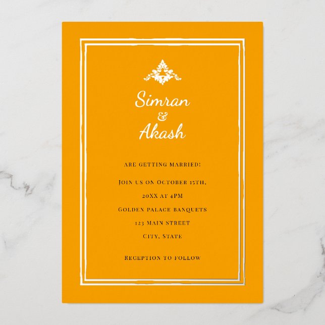 Elegante Orange- und Silberhochzeit Folieneinladung (Vorderseite)