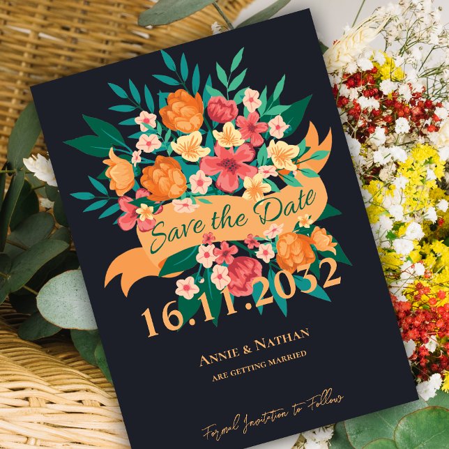 Elegante Orange & Yellow Floral Save the Date Kart (Chic Orange Yellow Florals Wedding Save the Date Invitation)