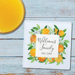 Elegante orangefarbene Früchte und Blumen Sommerbl Glasuntersetzer