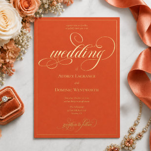 Elegante orangefarbene Hochzeitsschrift Kalligrafi Folieneinladung