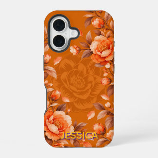 Elegante orangefarbene Kamelienblüten individuell iPhone 16 Hülle