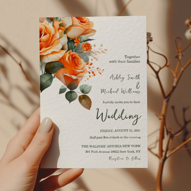 Elegante Orangefarbene Rose Hochzeit mit floralen  Einladung (Von Creator hochgeladen)