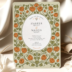 Elegante Orangefarbene Rose und Grünes Herz Hochze Einladung