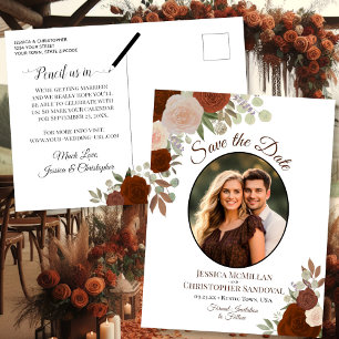 Elegante orangefarbene Rosen und Foto Hochzeit Mer Ankündigungspostkarte