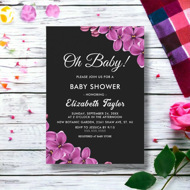 Elegante Orchid Blume Black Floral Baby Dusche Einladung (Von Creator hochgeladen)