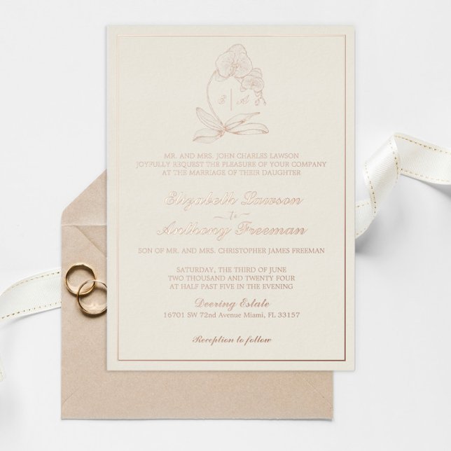 Elegante Orchid Monogram Gold Foil Formal Wedding Folieneinladung (Von Creator hochgeladen)