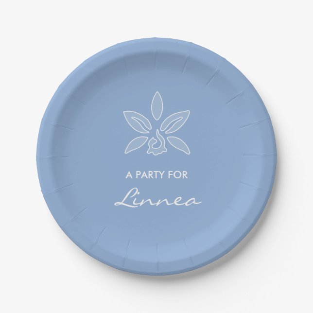 Elegante Orchid Simple Powder Blue Blume mit Namen Pappteller (Vorderseite)