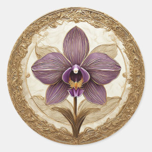 Elegante Orchidee in aufwendigem goldenem Rahmen Runder Aufkleber