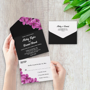 Elegante Orchideen-Blumen-Hochzeit im schwarzen So All In One Einladung