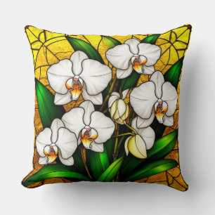 Elegante Orchideen in Buntglas weiß Kissen