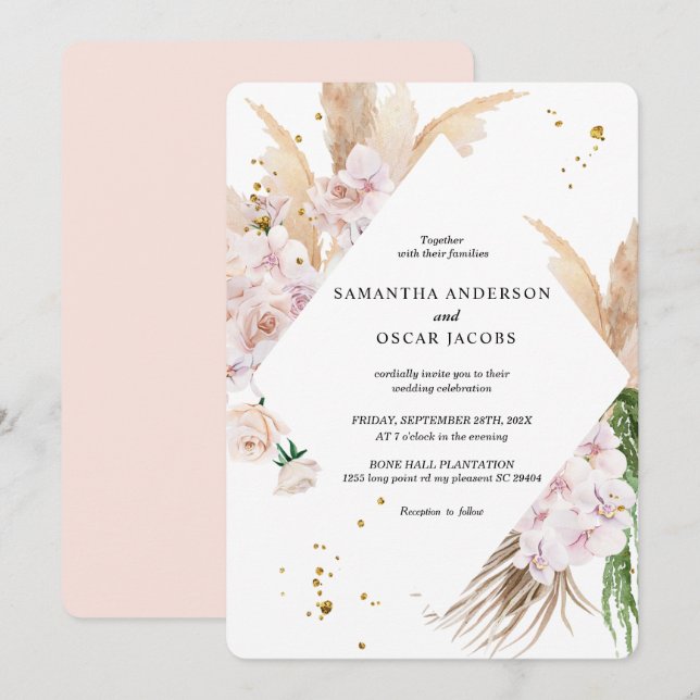 Elegante Orchideen & Pampas Schönheitsrahmen Einladung (Vorne/Hinten)