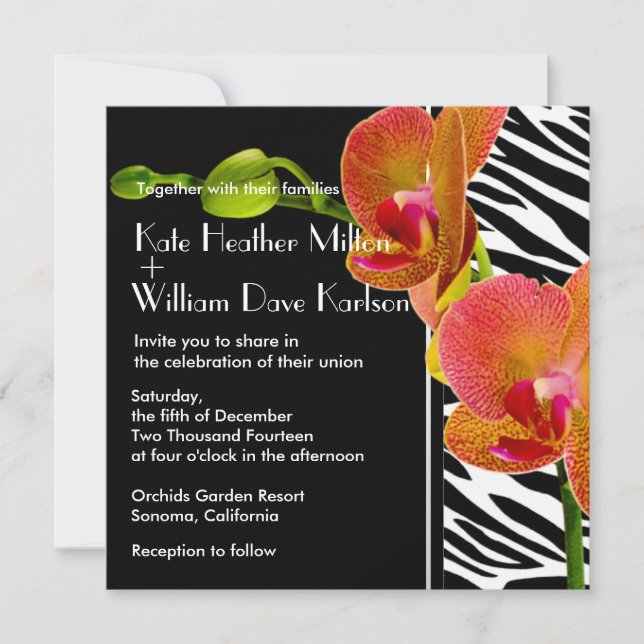 Elegante Orchids Zebra Print Wedding Einladungen (Vorderseite)