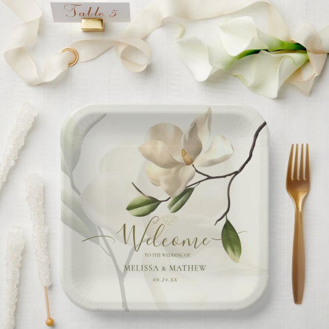 Elegante Oriental White Magnolia Wedding Pappteller (Hochzeit)