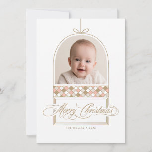 Elegante Ornament-Bogen-Foto Beige-Weihnachtskarte Feiertagskarte