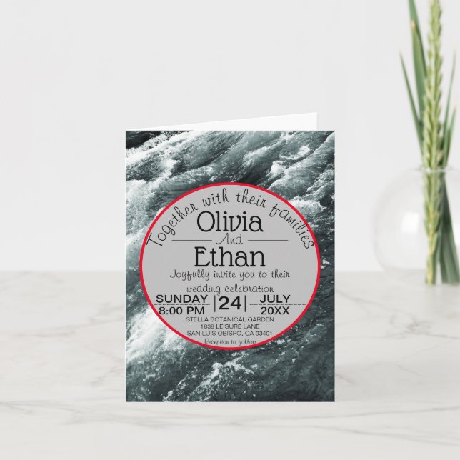 Elegante ozeanblaue Wellen geklappt Hochzeitseinla Einladung (Vorderseite)