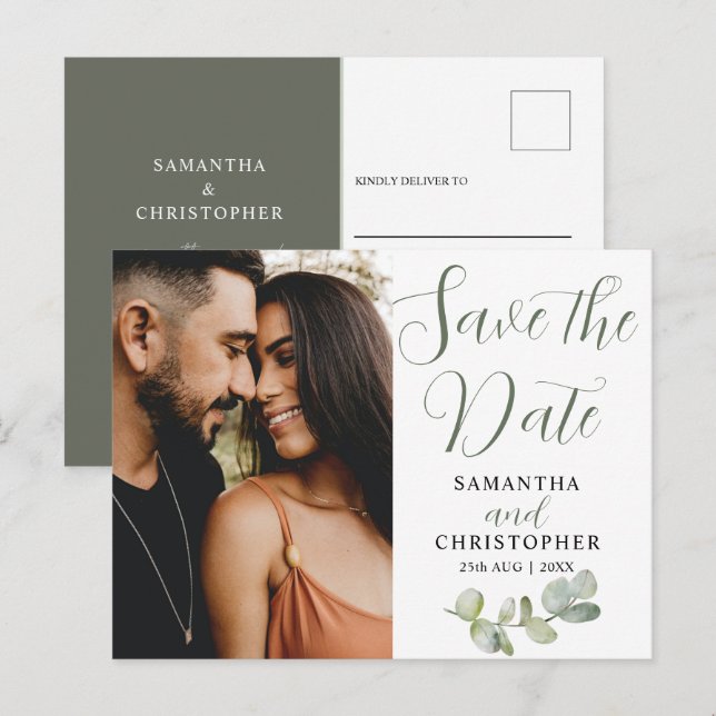 Elegante Paare Foto Eukalyputs Save the Date Ankündigungspostkarte (Vorne/Hinten)