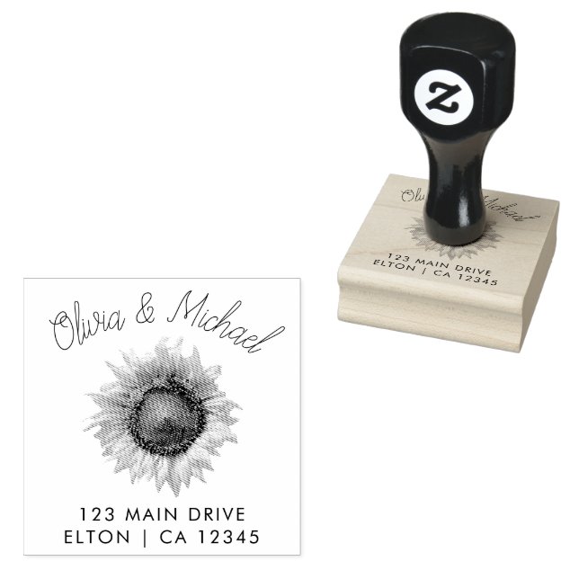 Elegante Paare Script Hochzeitadresse Sonnenblume Gummistempel (Stempel)