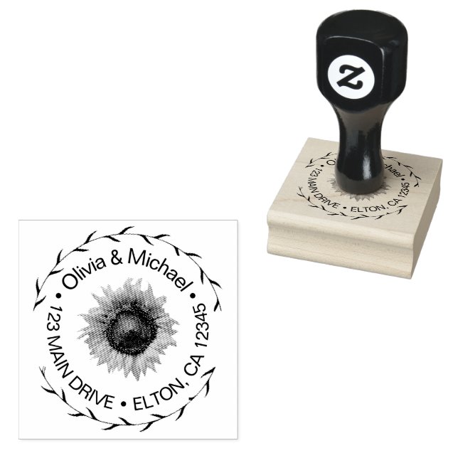 Elegante Paare Script Hochzeitadresse Sonnenblume Gummistempel (Stempel)